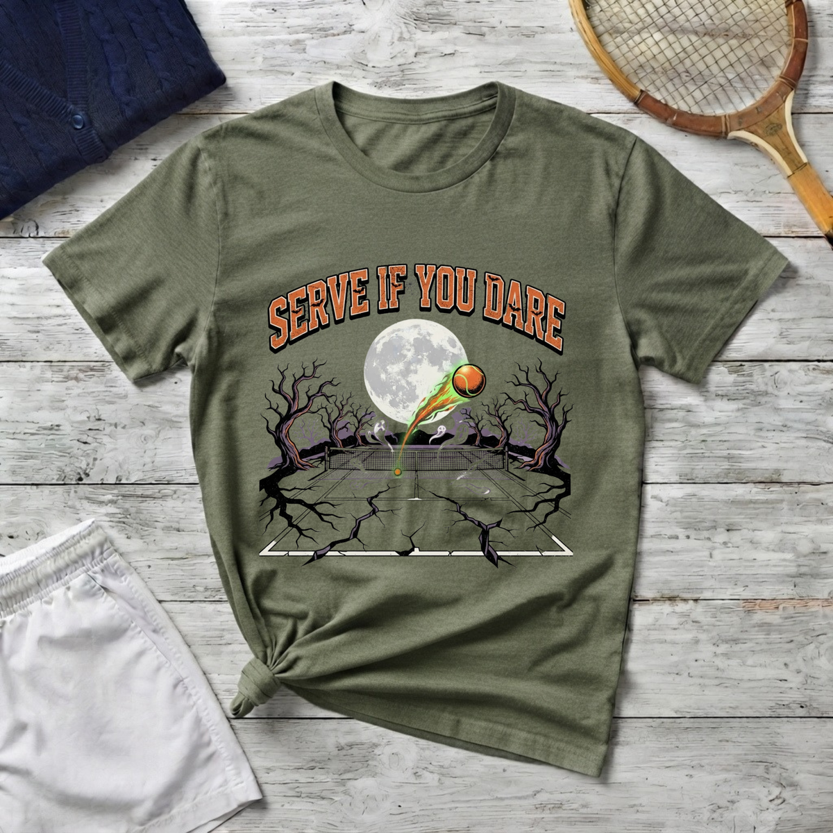 Tennis Tee — "Serve If You Dare" Retro Moon Graphic