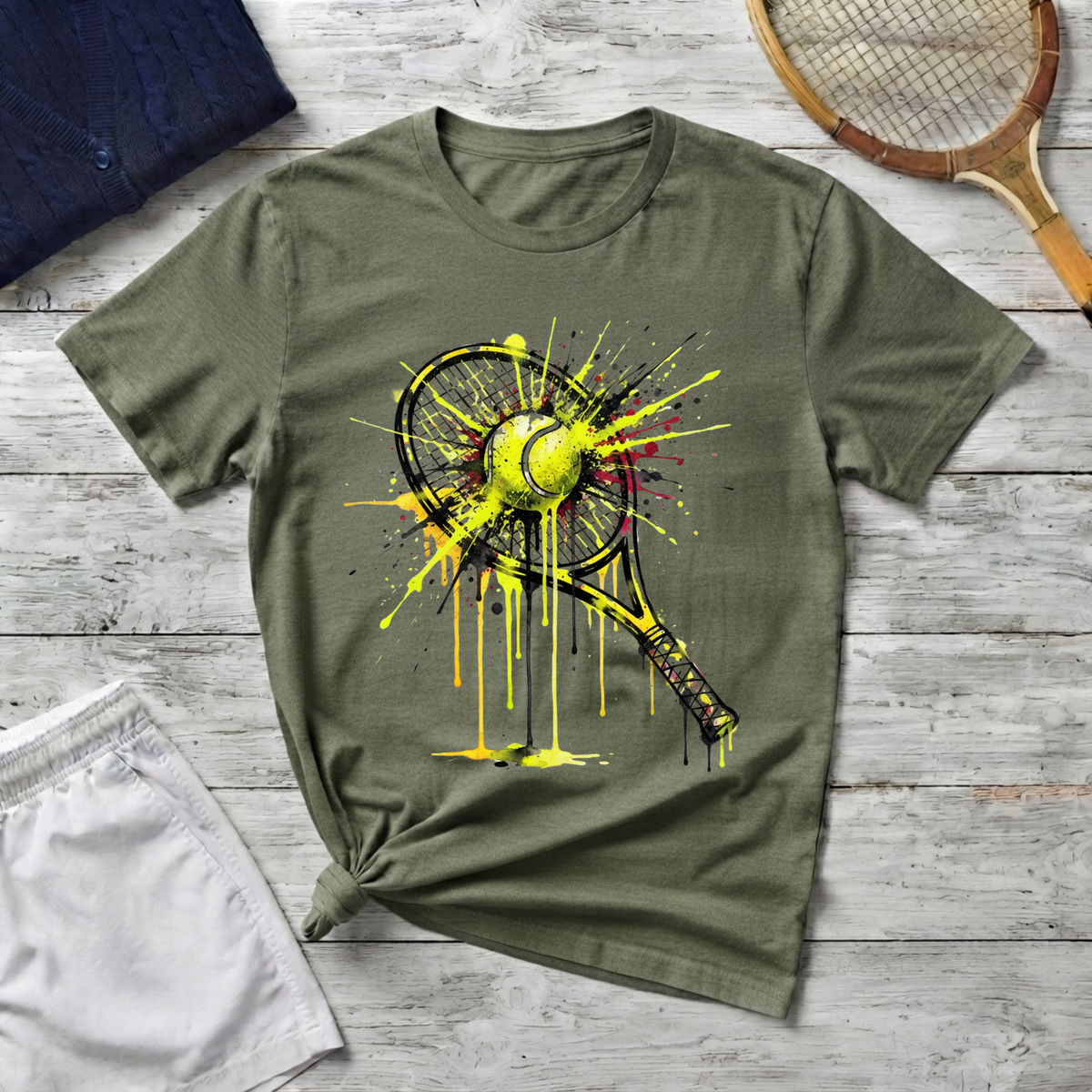 Tennis Racket & Ball Splash T‑Shirt — Watercolor Sports Graphic Tee