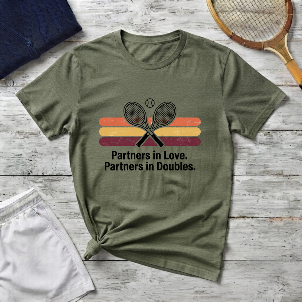 Partners in Love Tennis T-shirt — Retro Crossed Rackets Graphic