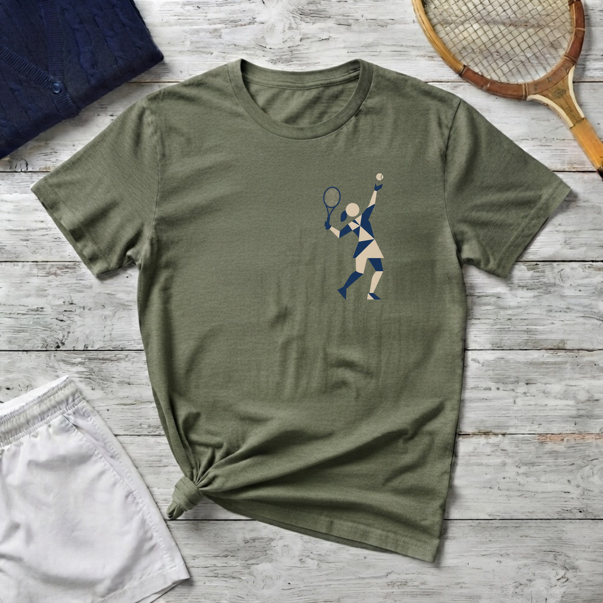 Geometric Tennis Player T-Shirt — Retro Athletic Graphic Tee