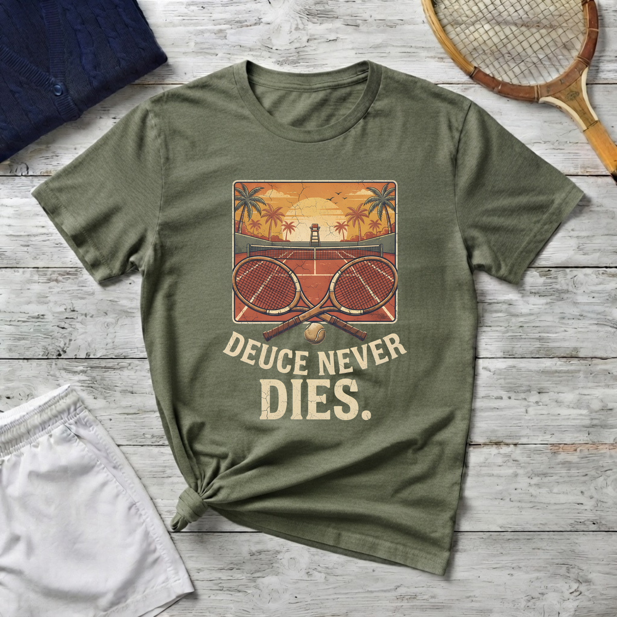Tennis Sunset T-Shirt — Vintage 'Deuce Never Dies' Tennis Graphic Tee