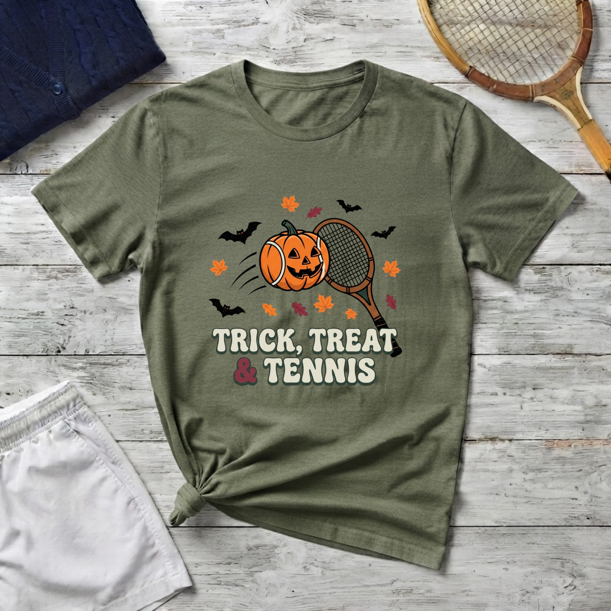 Trick Treat Tennis T-Shirt — Halloween Pumpkin Tennis Racquet Tee