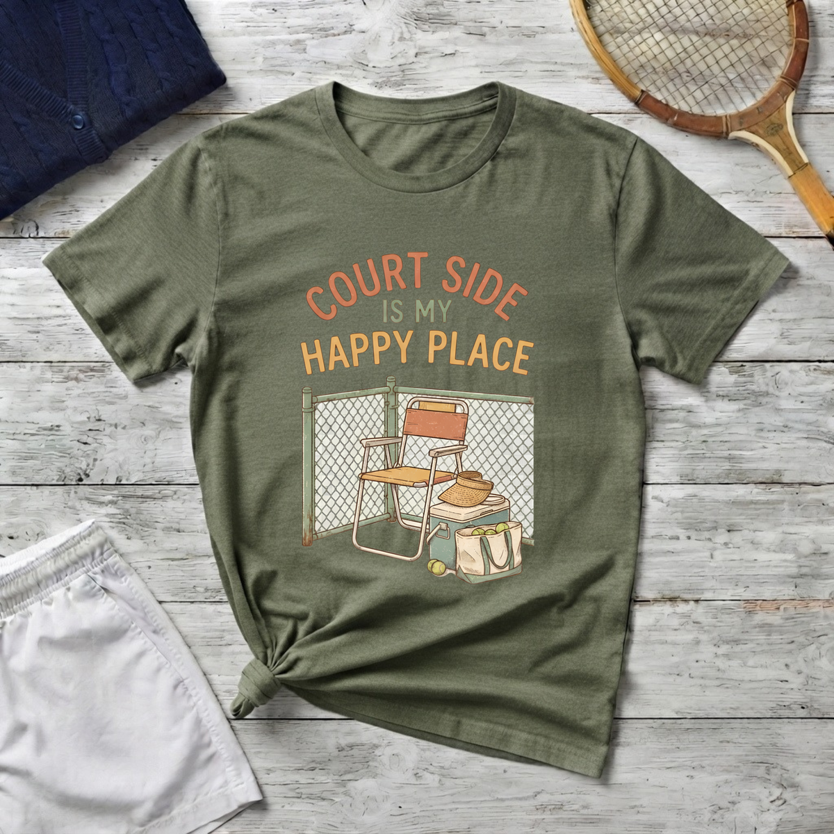 T-Shirt — "Court Side Is My Happy Place" Tennis Crew Tee
