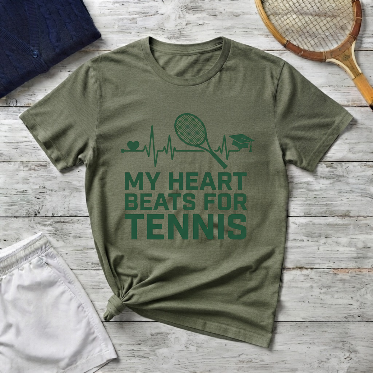 My Heart Beats for Tennis T-Shirt — Heartbeat Racket Design with Graduation Cap
