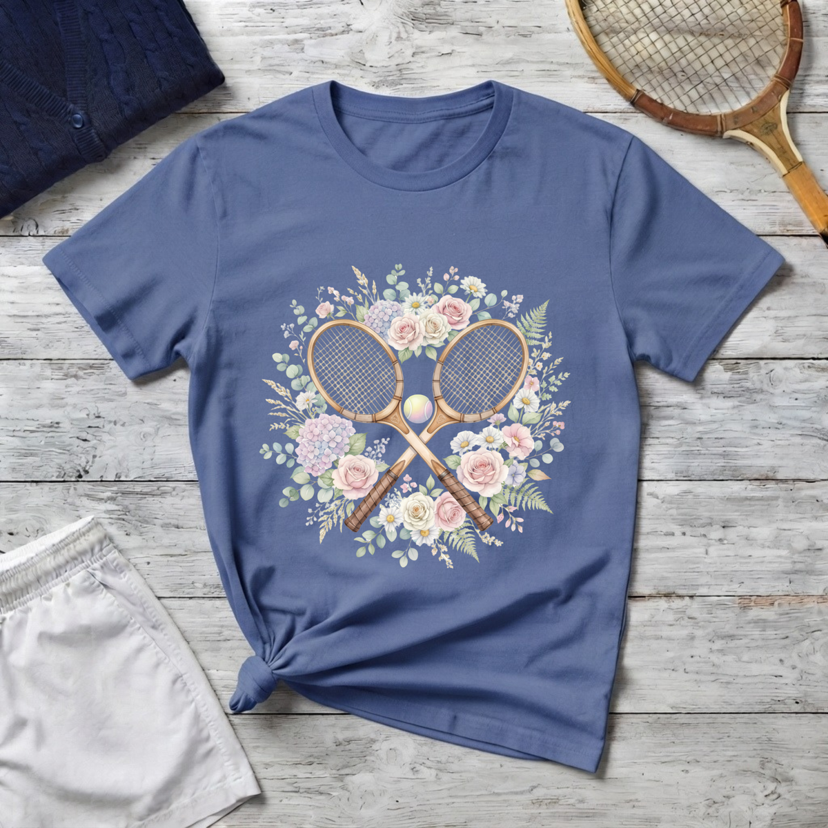 Tennis Floral T-Shirt — Vintage Rackets & Roses Graphic Tee