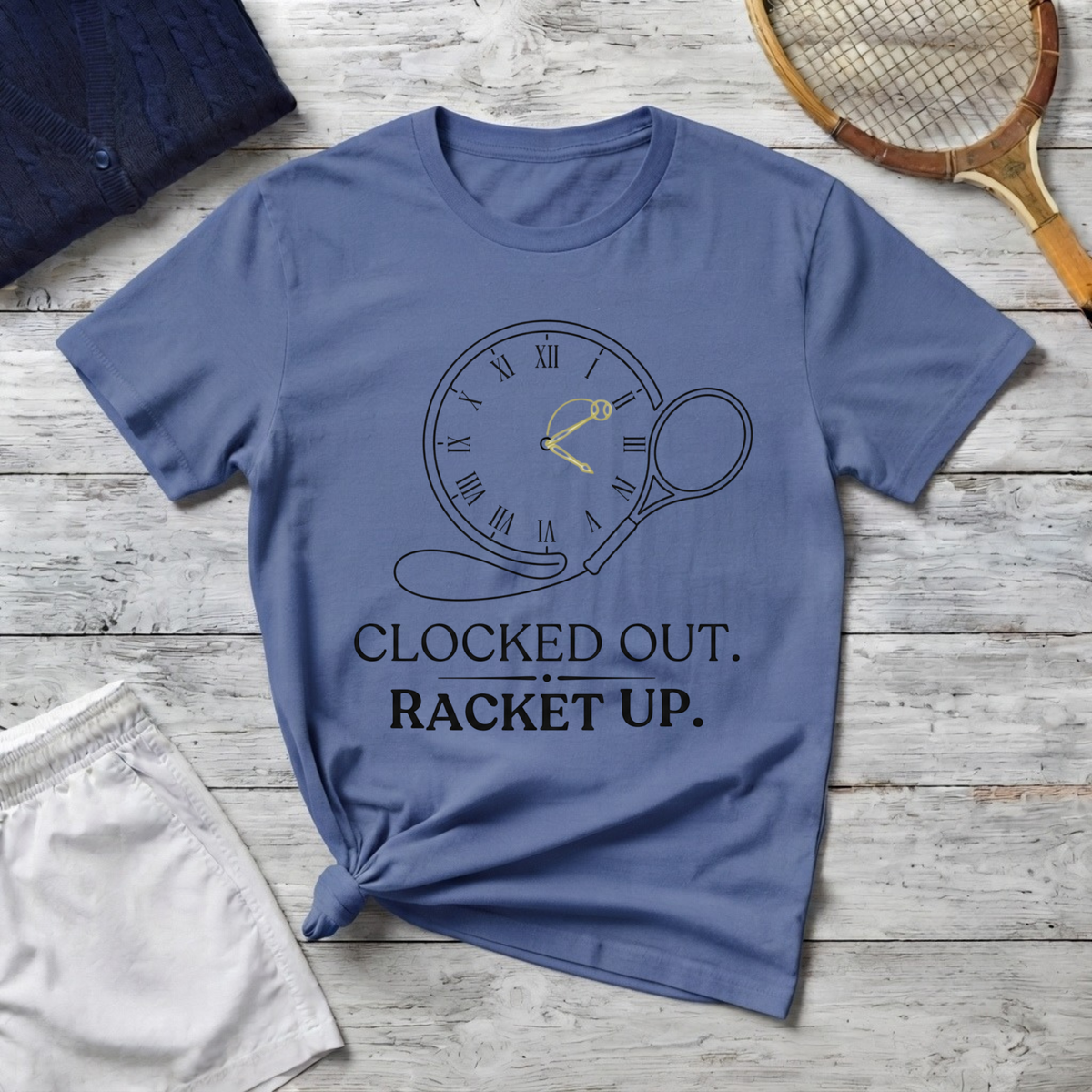 T-Shirt "Clocked Out. Racket Up." Tennis Clock Graphic