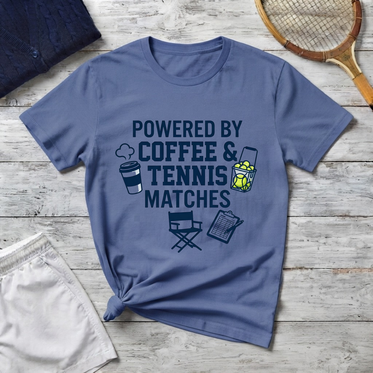 T-Shirt — "Powered by Coffee & Tennis Matches" Casual Tennis Player Tee