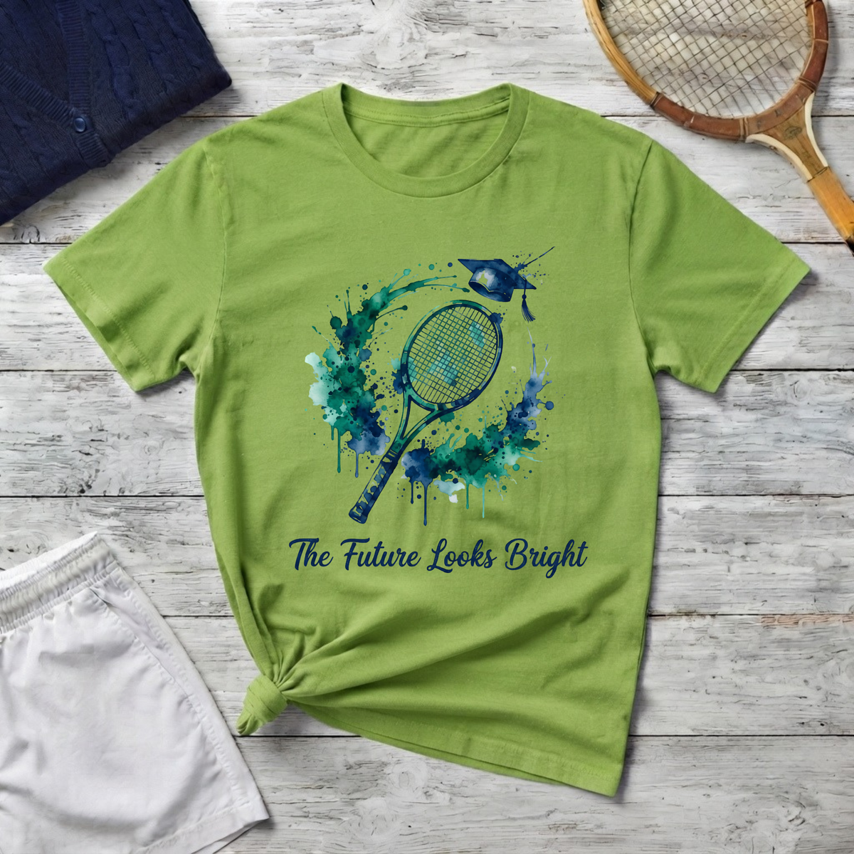 Tennis Watercolor Tee — “The Future Looks Bright” Graduation & Athlete Shirt