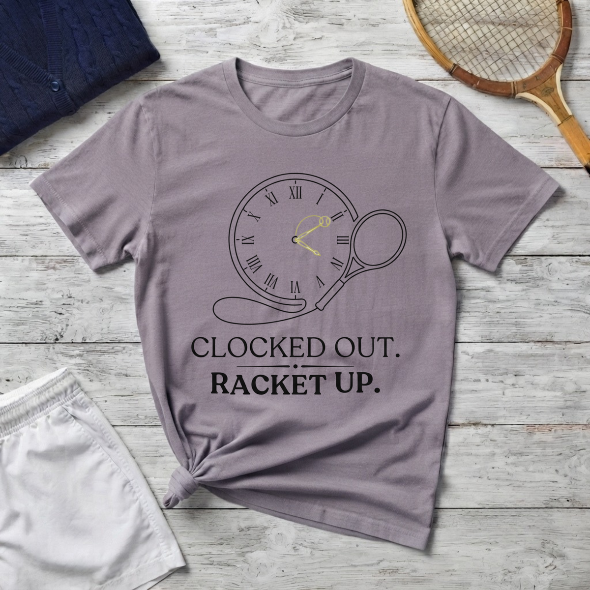 T-Shirt "Clocked Out. Racket Up." Tennis Clock Graphic