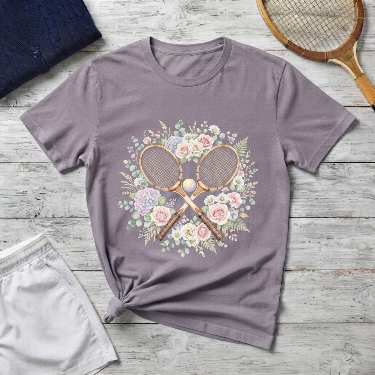Tennis Floral T-Shirt — Vintage Rackets & Roses Graphic Tee