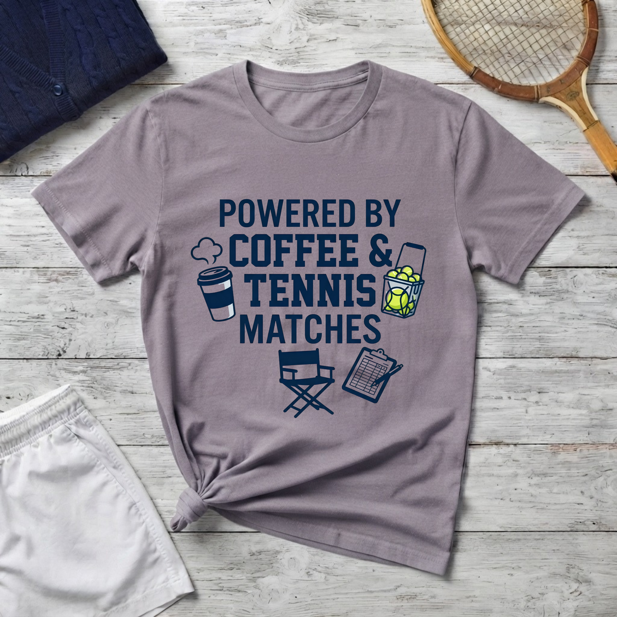 T-Shirt — "Powered by Coffee & Tennis Matches" Casual Tennis Player Tee