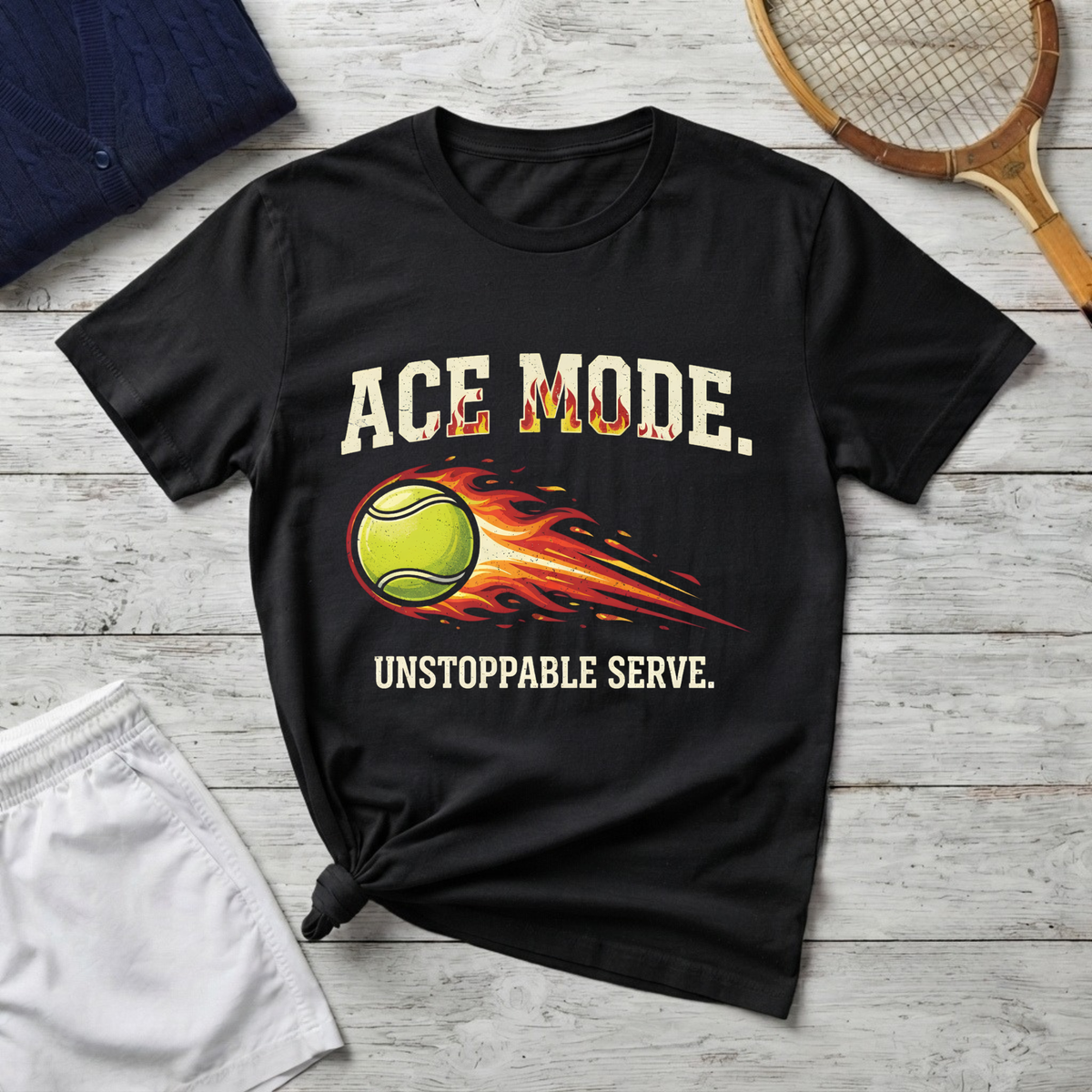 Ace Mode Tennis T-Shirt — Flaming Ball "Unstoppable Serve" Graphic Tee