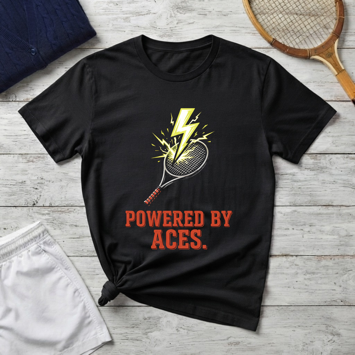 Tennis T-Shirt — "Powered By Aces" Lightning Racket Tee