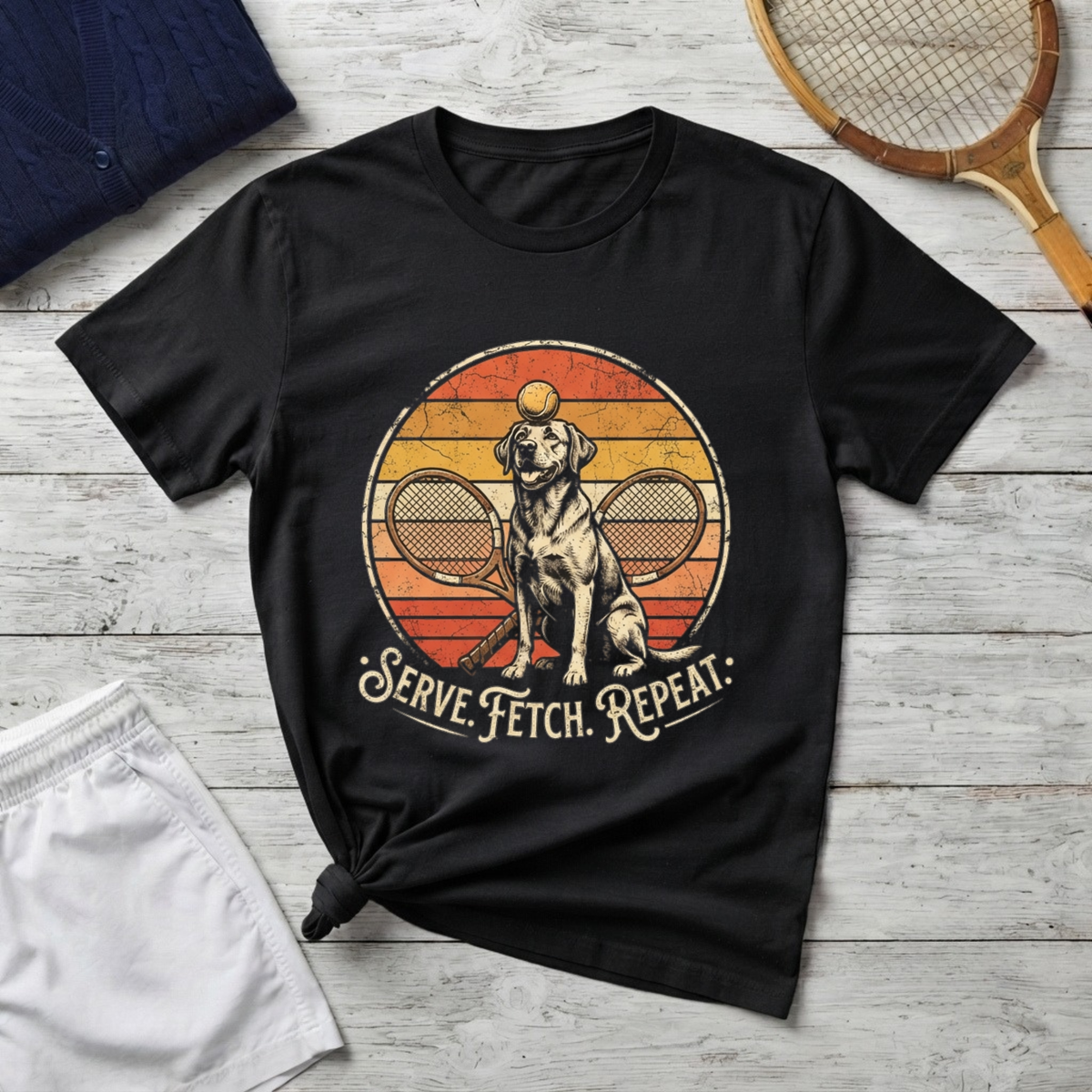 Dog Tennis T-Shirt — “Serve. Fetch. Repeat.” Retro Labrador Tennis Tee