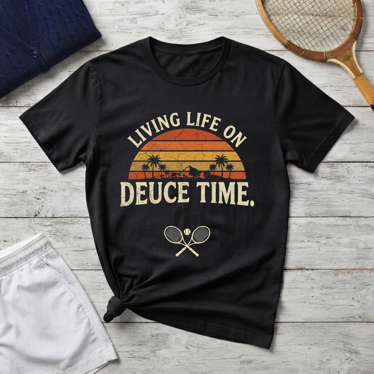 T-Shirt — "Living Life on Deuce Time" Vintage Tennis Sunset Tee