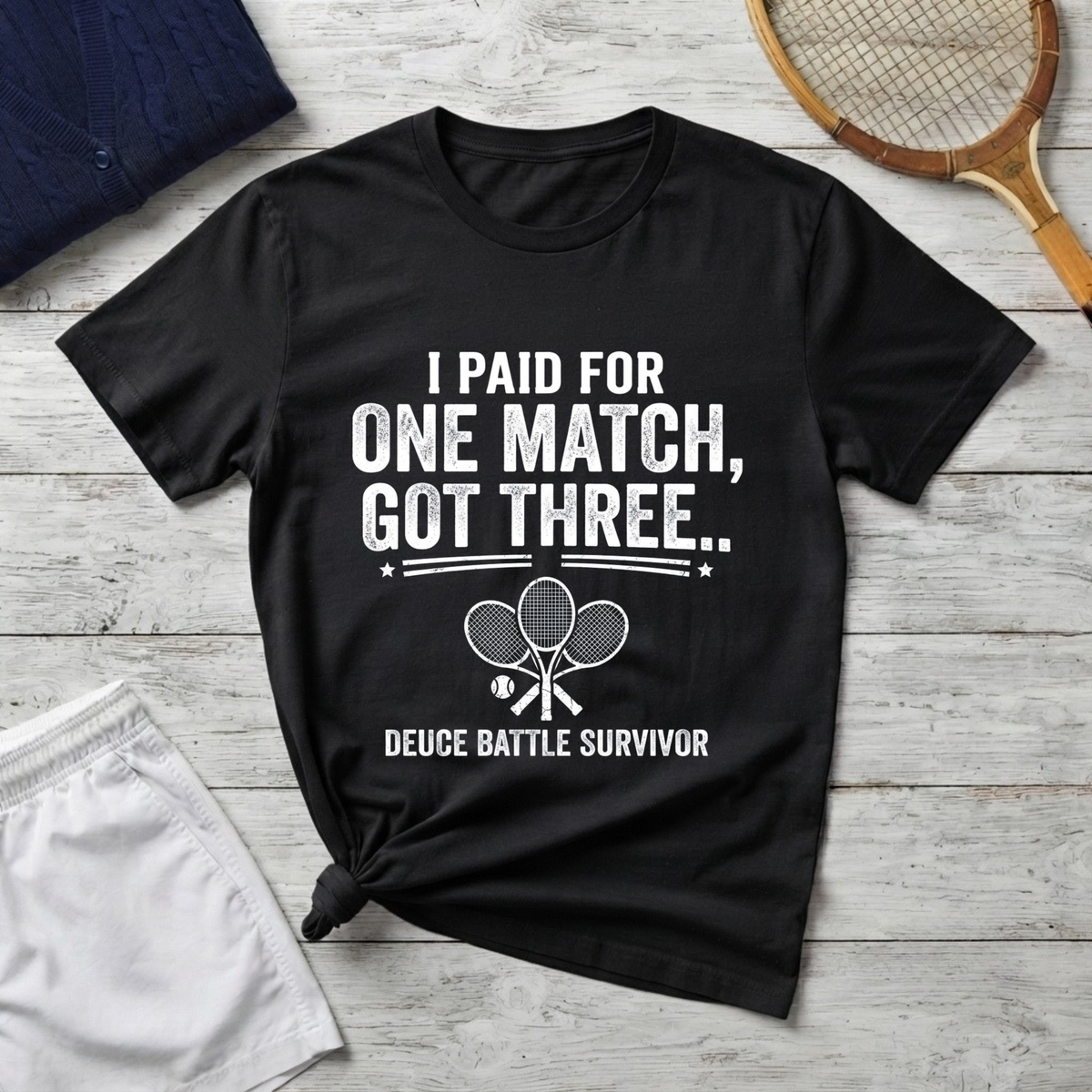 I Paid for One Match Got Three T-Shirt — Deuce Battle Survivor Tennis Humor Tee
