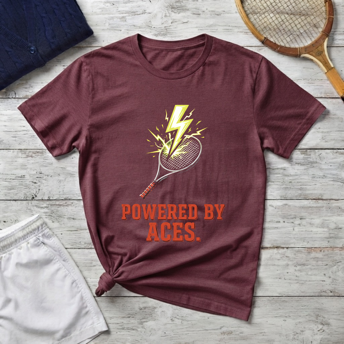 Tennis T-Shirt — "Powered By Aces" Lightning Racket Tee
