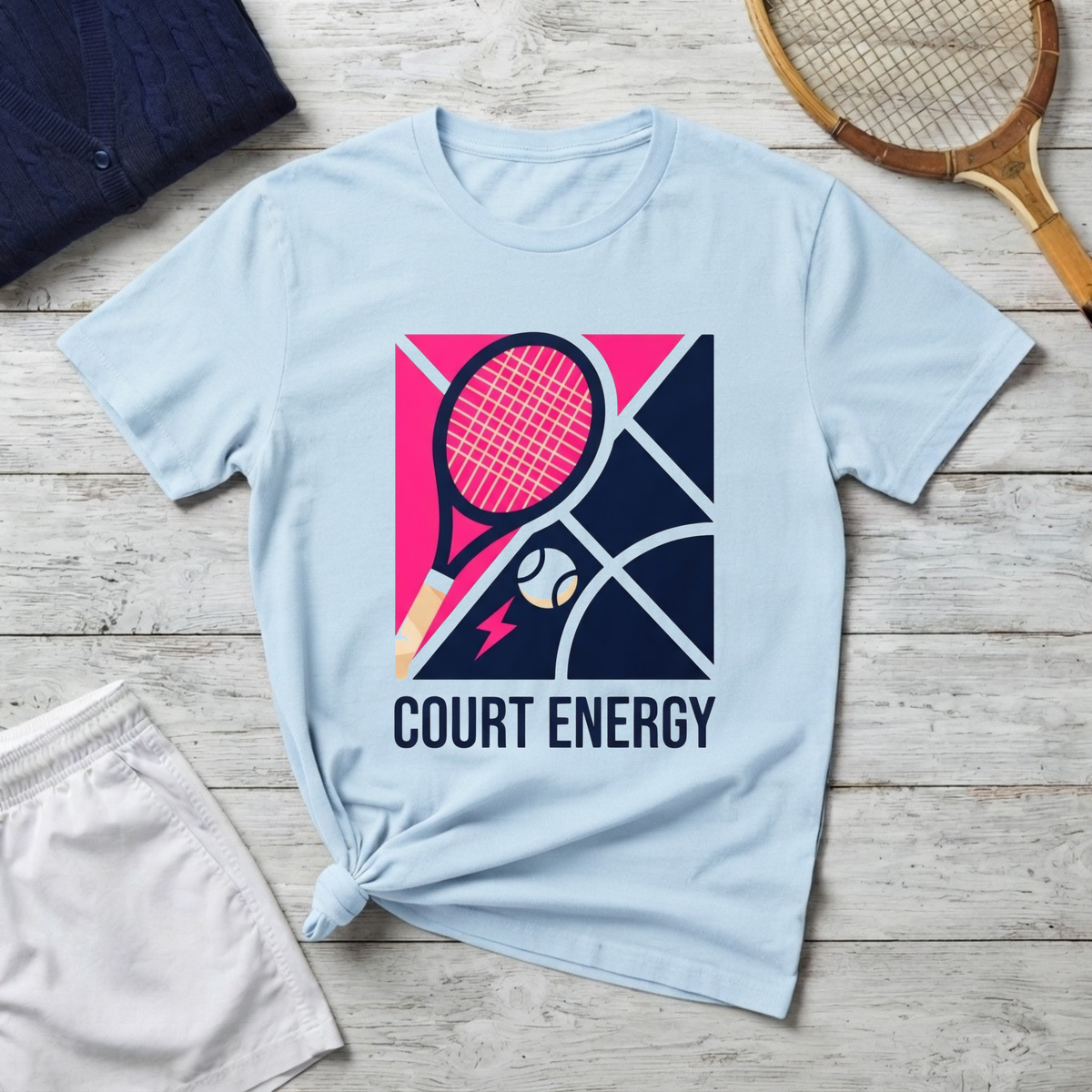 Court Energy Tennis T‑Shirt — Retro Racket & Ball Graphic