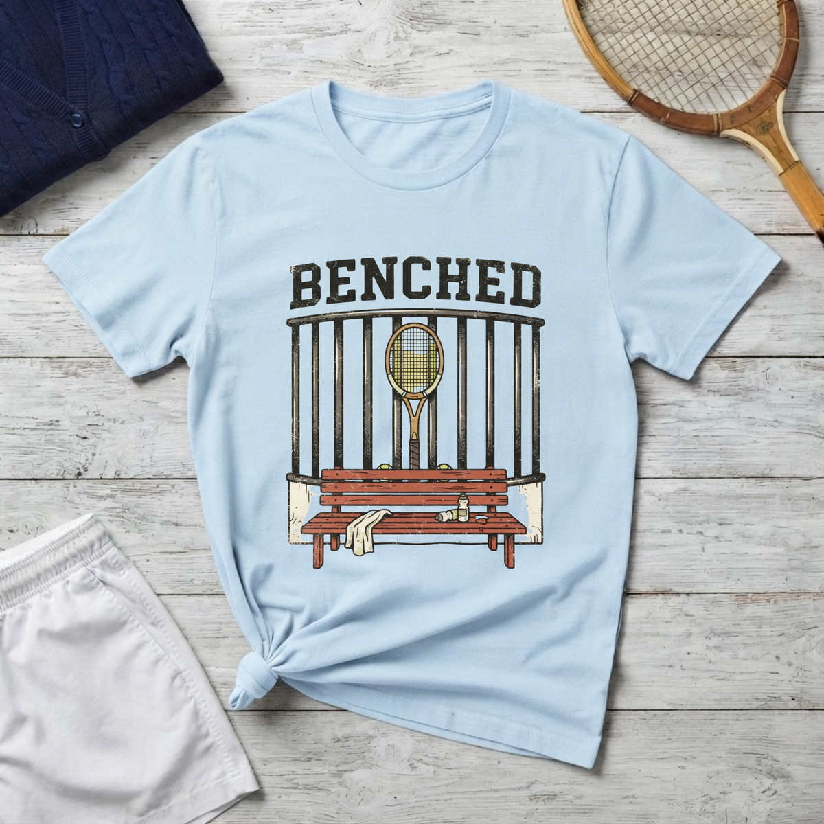 Benched Tennis T-Shirt — 'Benched' Graphic Tennis Racket & Bench Tee