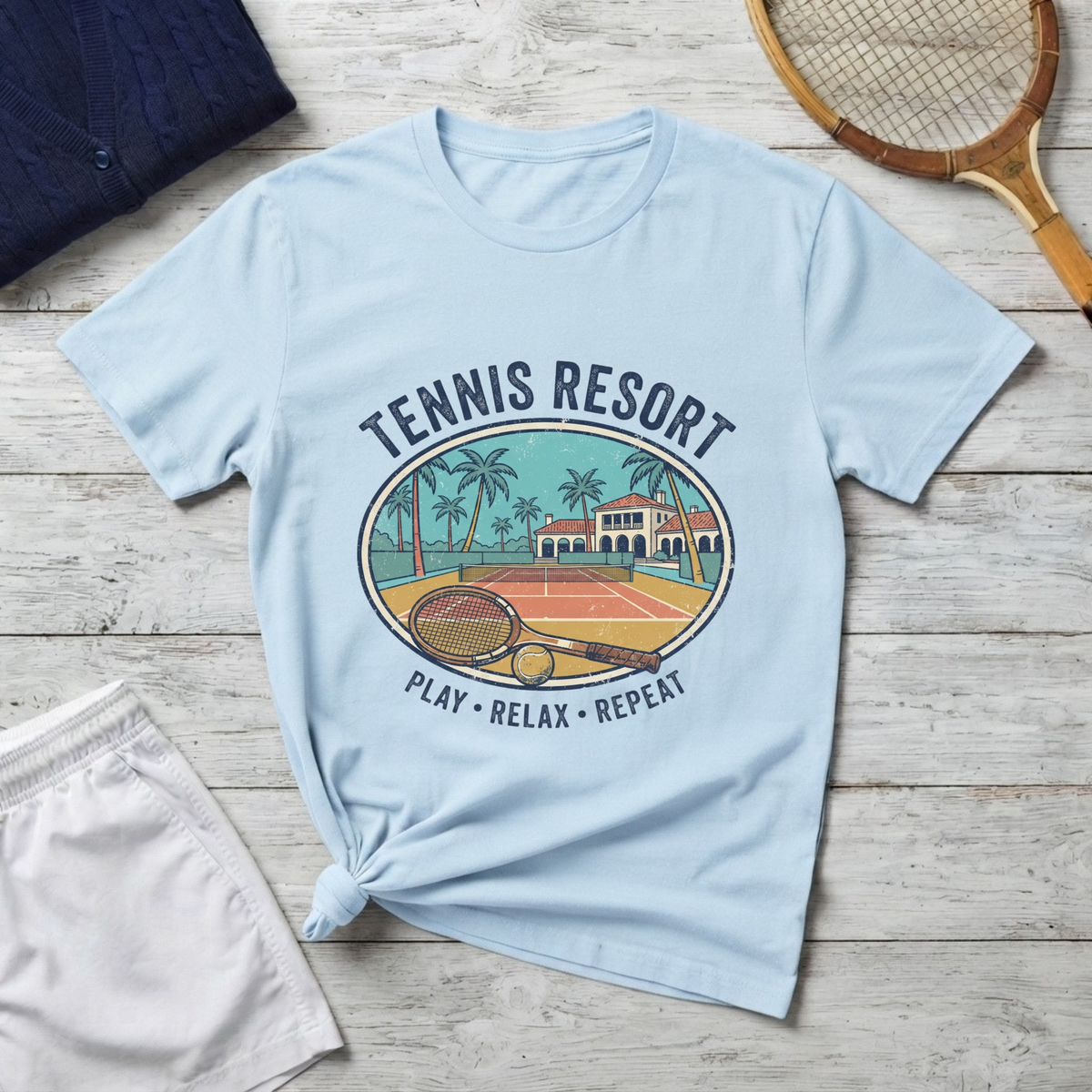 Tennis Resort T-Shirt — 'Play • Relax • Repeat' Vintage Court Tee