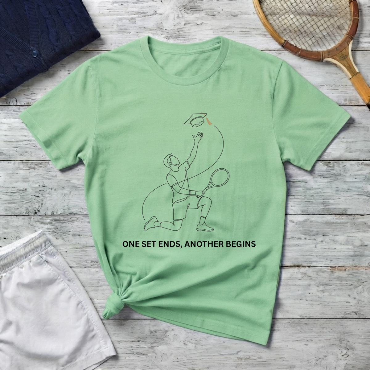 T-Shirt — Minimal Tennis Line Art Tee "One Set Ends, Another Begins"