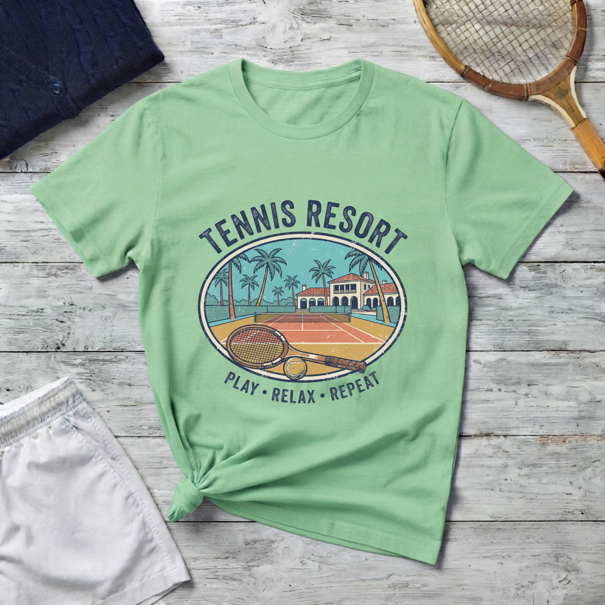 Tennis Resort T-Shirt — 'Play • Relax • Repeat' Vintage Court Tee