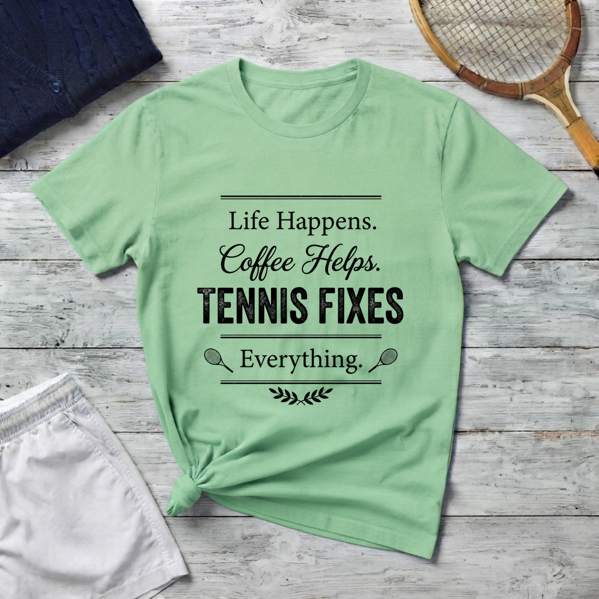 T-Shirt — "Life Happens. Coffee Helps. Tennis Fixes Everything."