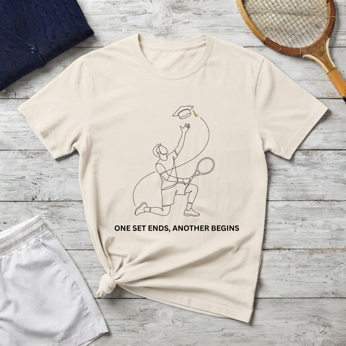 T-Shirt — Minimal Tennis Line Art Tee "One Set Ends, Another Begins"