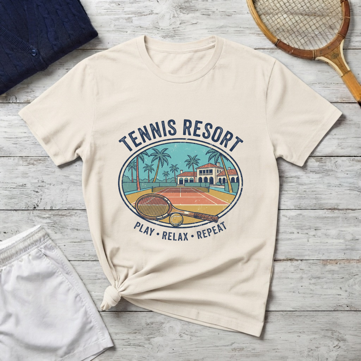 Tennis Resort T-Shirt — 'Play • Relax • Repeat' Vintage Court Tee