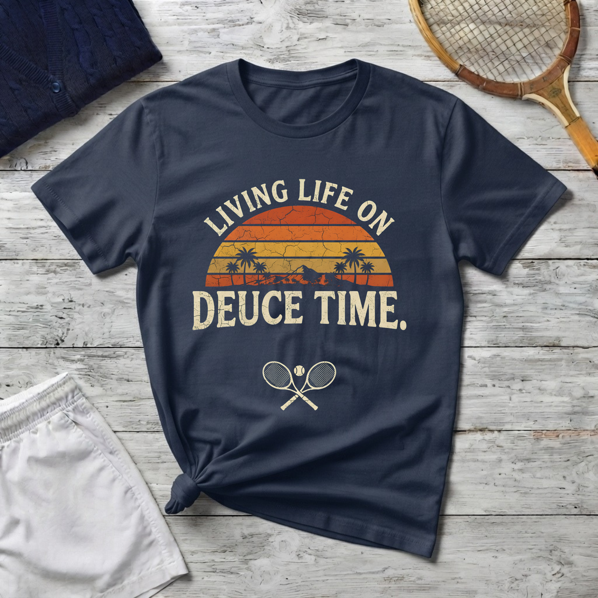 T-Shirt — "Living Life on Deuce Time" Vintage Tennis Sunset Tee