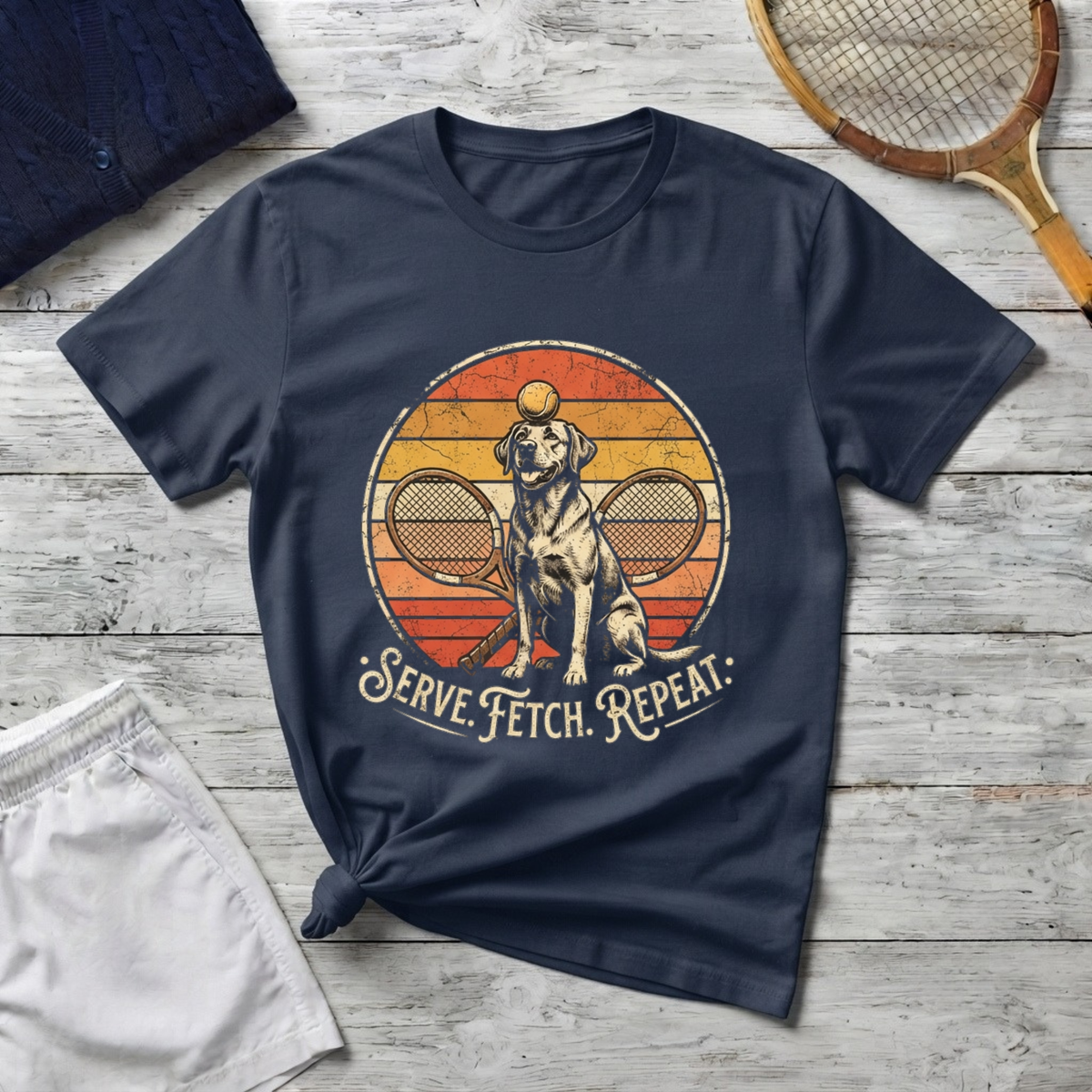Dog Tennis T-Shirt — “Serve. Fetch. Repeat.” Retro Labrador Tennis Tee