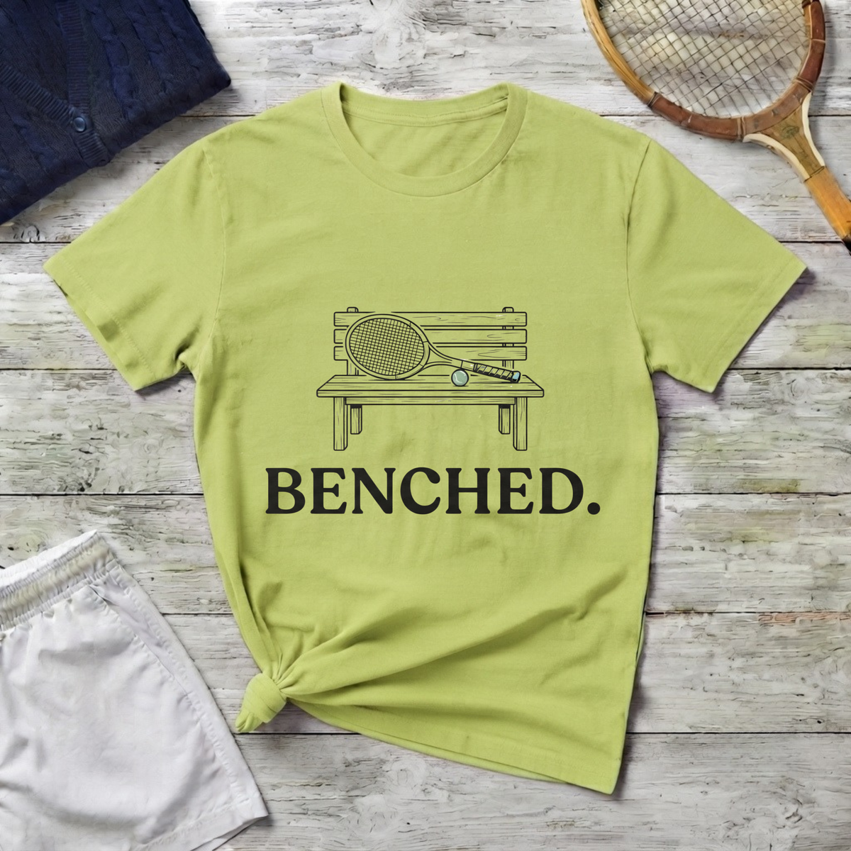 Benched Tennis T-Shirt — Funny Tennis Player Shirt with Bench Illustration