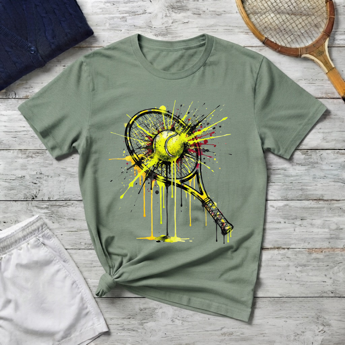 Tennis Racket & Ball Splash T‑Shirt — Watercolor Sports Graphic Tee