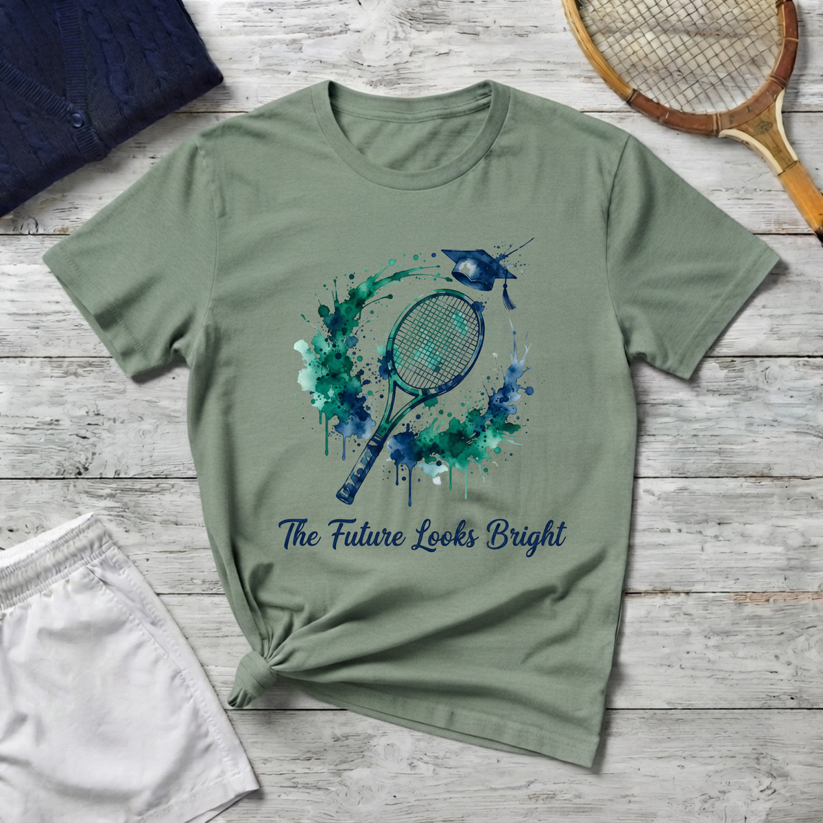Tennis Watercolor Tee — “The Future Looks Bright” Graduation & Athlete Shirt