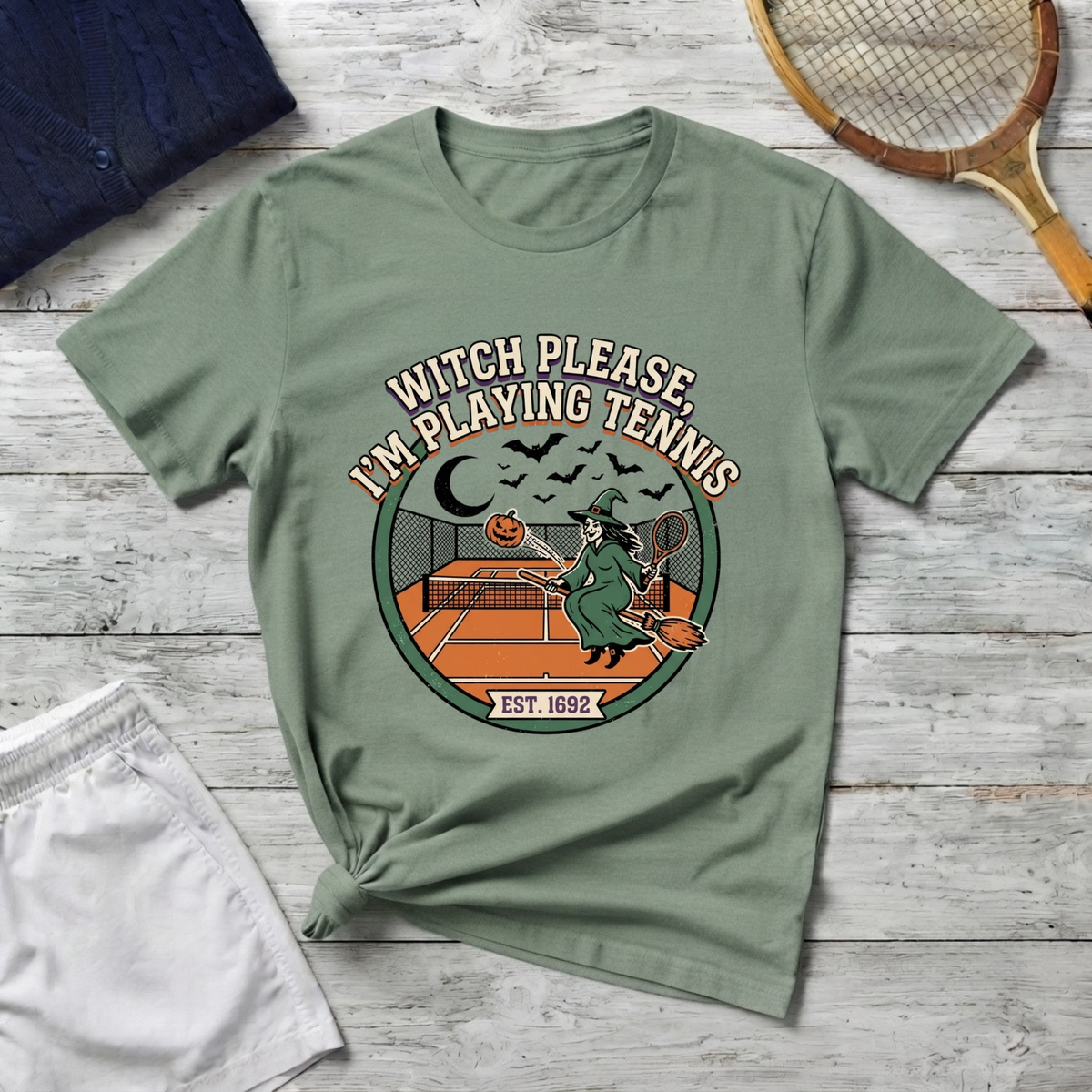 Witch Please I'm Playing Tennis T‑Shirt — Halloween Tennis Player Graphic Shirt