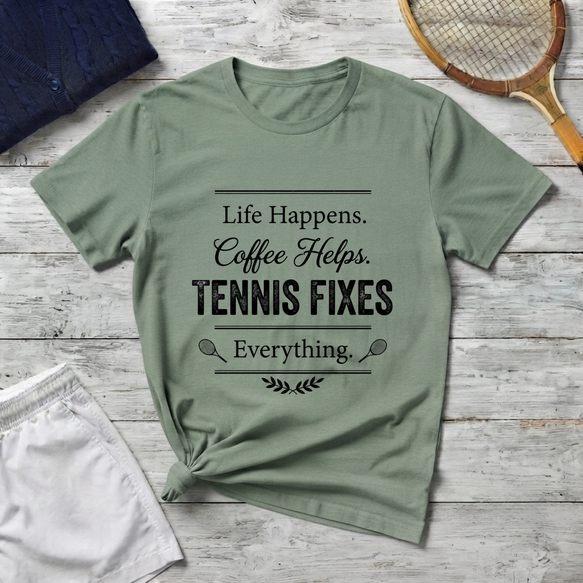 T-Shirt — "Life Happens. Coffee Helps. Tennis Fixes Everything."