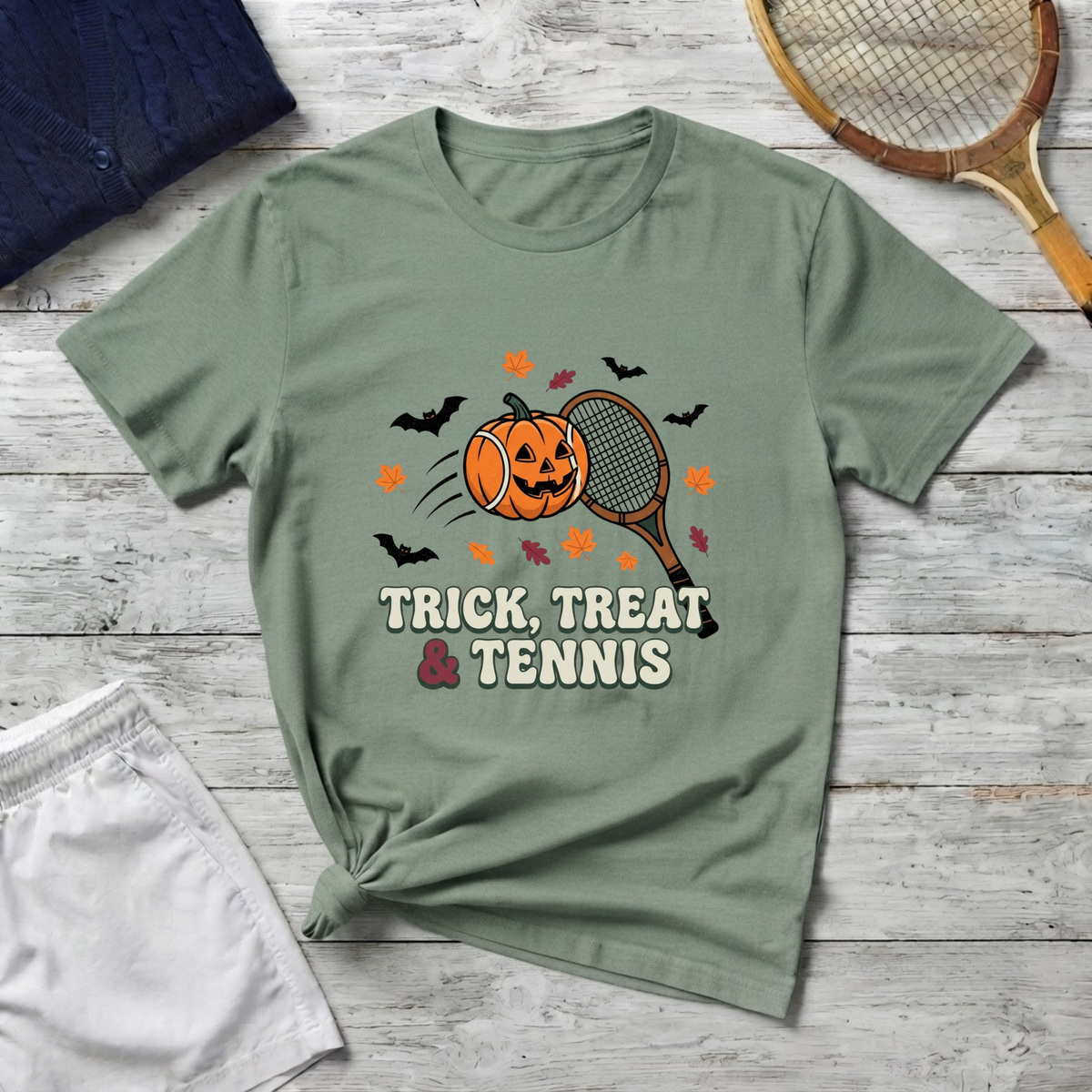 Trick Treat Tennis T-Shirt — Halloween Pumpkin Tennis Racquet Tee