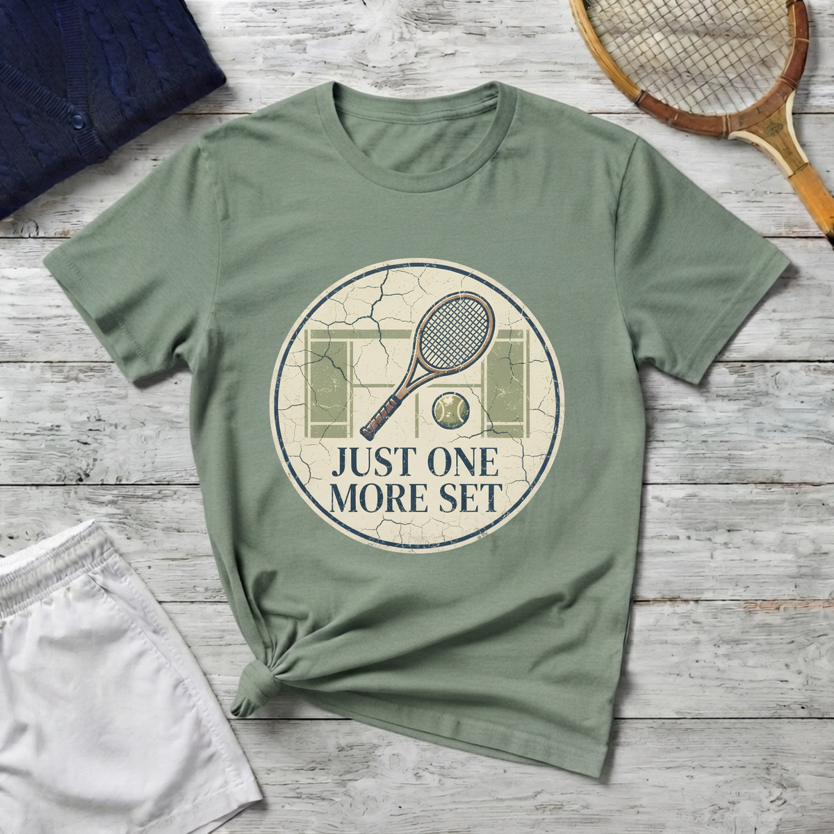 Tennis T‑Shirt — 'Just One More Set' Vintage Court Graphic