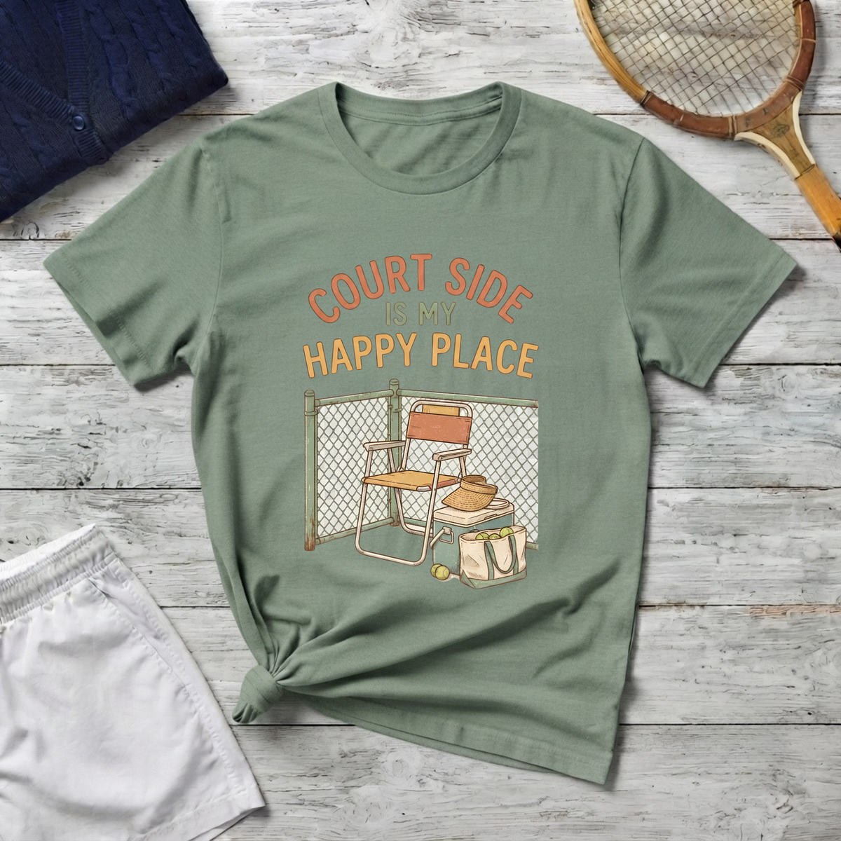 T-Shirt — "Court Side Is My Happy Place" Tennis Crew Tee