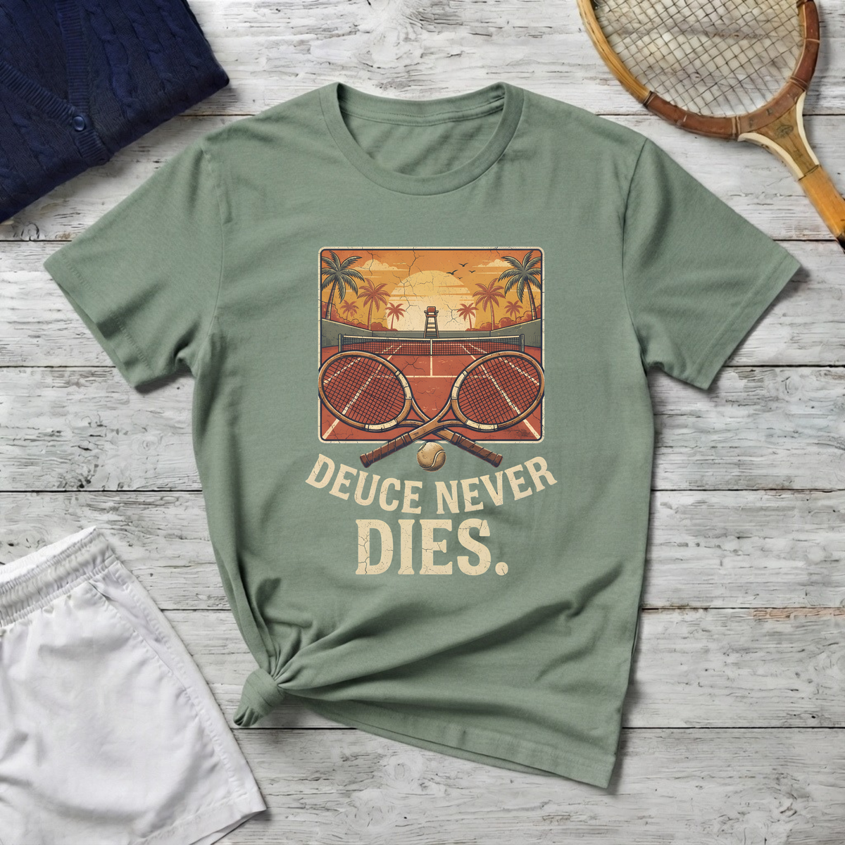 Tennis Sunset T-Shirt — Vintage 'Deuce Never Dies' Tennis Graphic Tee