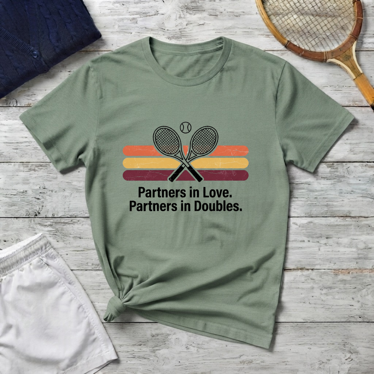 Partners in Love Tennis T-shirt — Retro Crossed Rackets Graphic