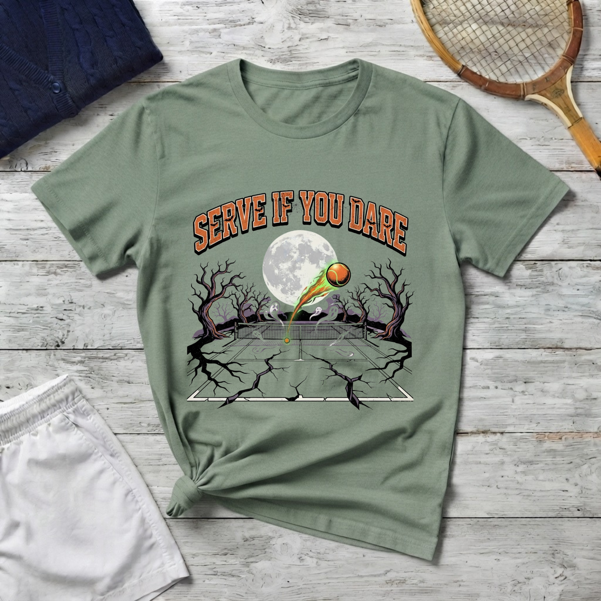 Tennis Tee — "Serve If You Dare" Retro Moon Graphic