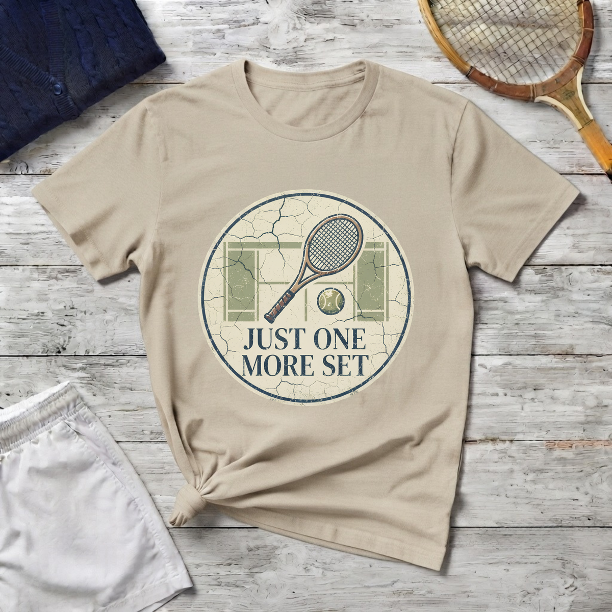 Tennis T‑Shirt — 'Just One More Set' Vintage Court Graphic