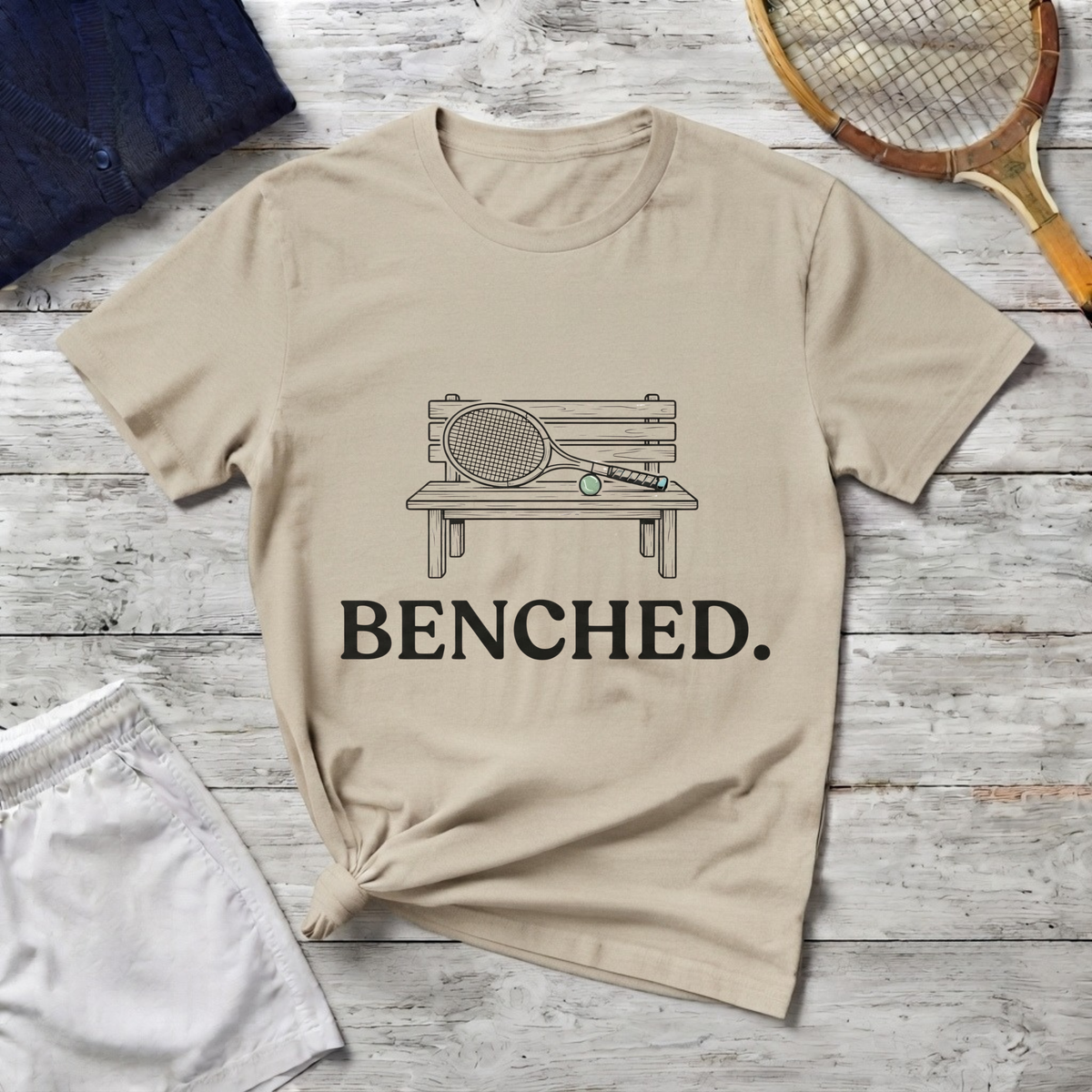 Benched Tennis T-Shirt — Funny Tennis Player Shirt with Bench Illustration