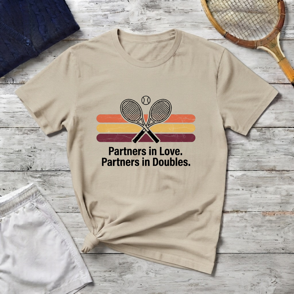 Partners in Love Tennis T-shirt — Retro Crossed Rackets Graphic