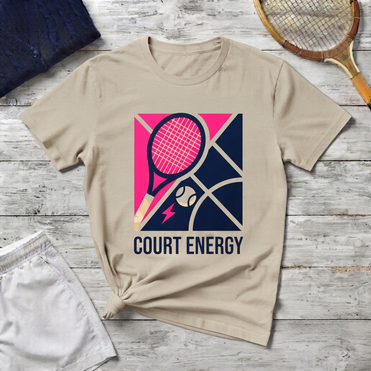 Court Energy Tennis T‑Shirt — Retro Racket & Ball Graphic