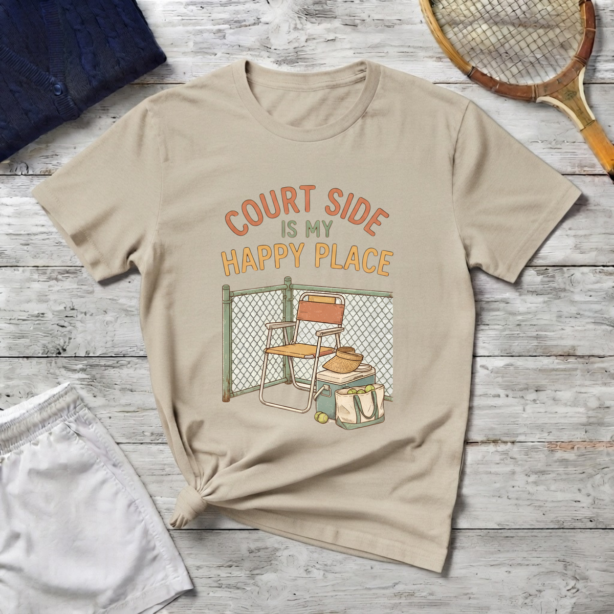 T-Shirt — "Court Side Is My Happy Place" Tennis Crew Tee