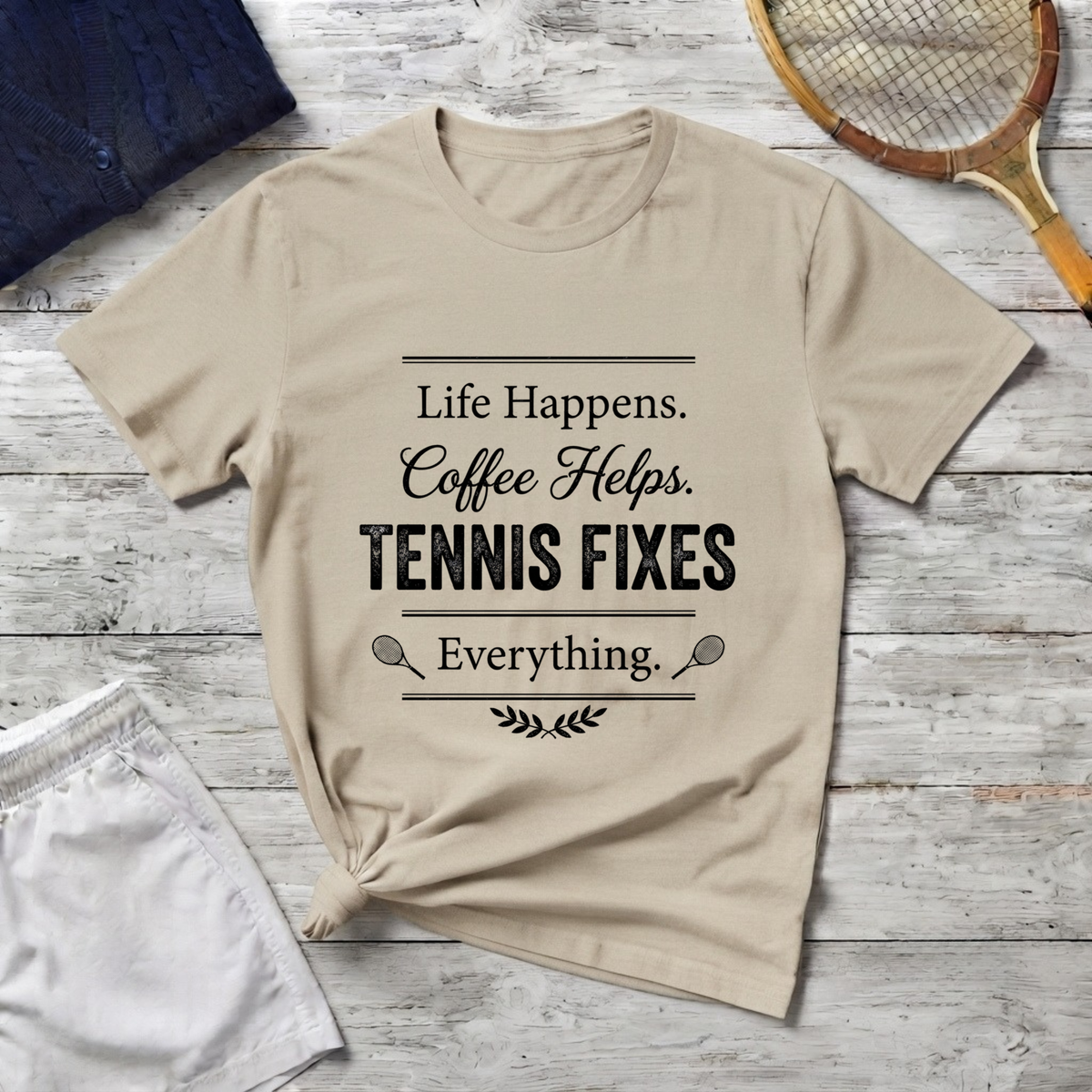 T-Shirt — "Life Happens. Coffee Helps. Tennis Fixes Everything."