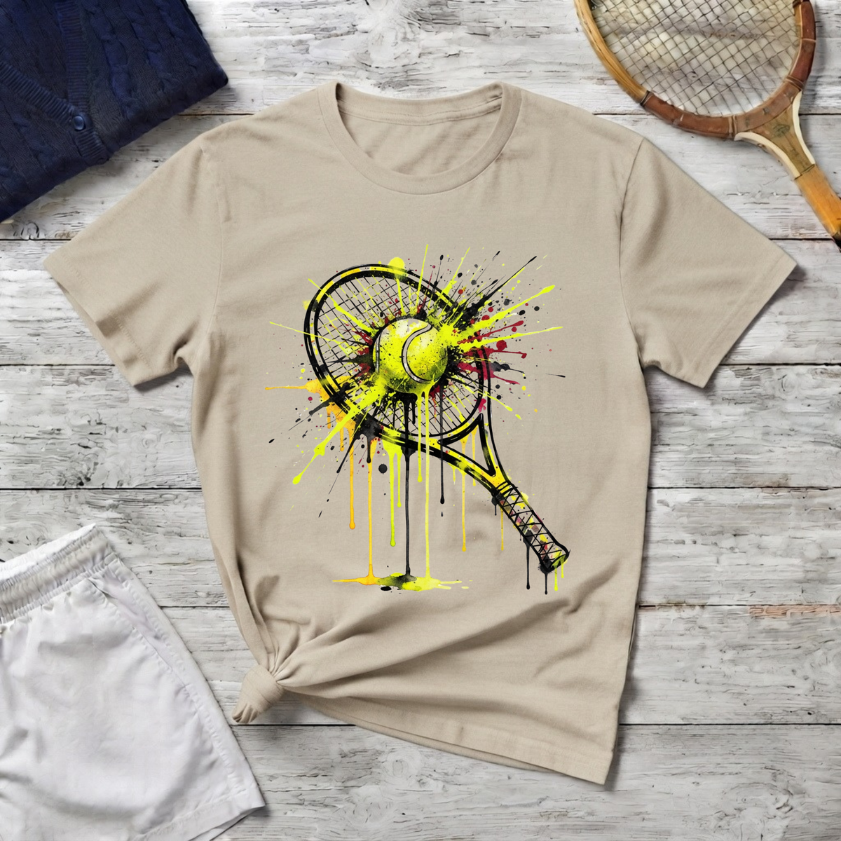 Tennis Racket & Ball Splash T‑Shirt — Watercolor Sports Graphic Tee