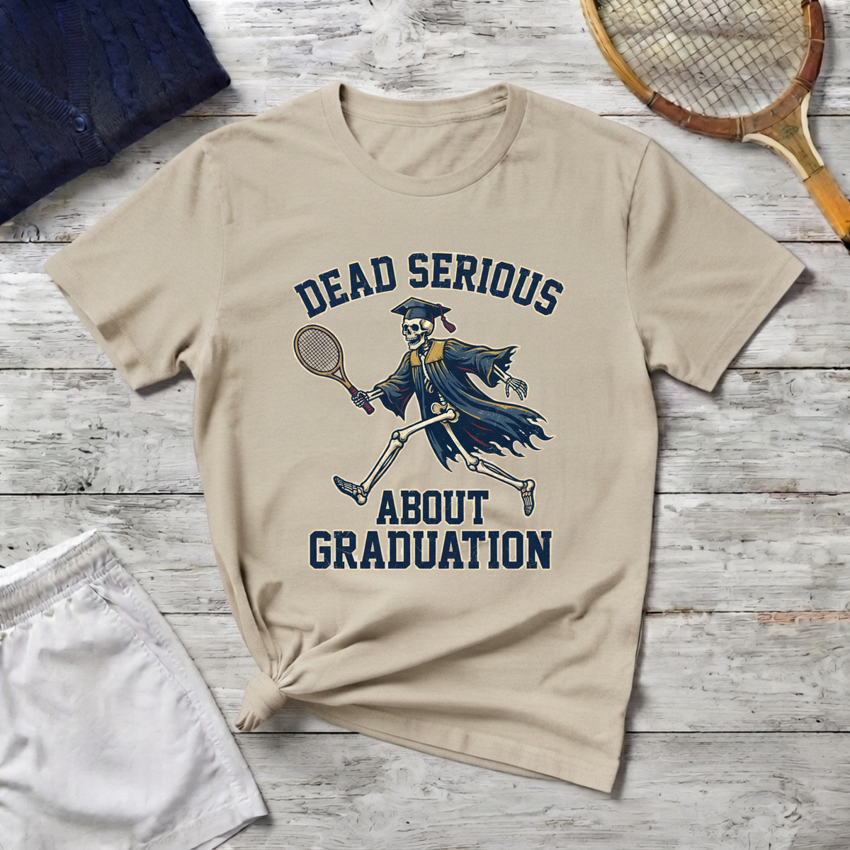 Graduation T-Shirt — "Dead Serious" Funny Skeleton Grad Tee